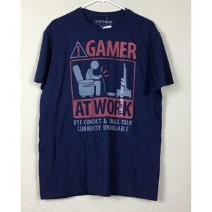 FithSun Mens Size Large T-Shirt Blue Graphic Short Sleeve Gamer At Work Cotton